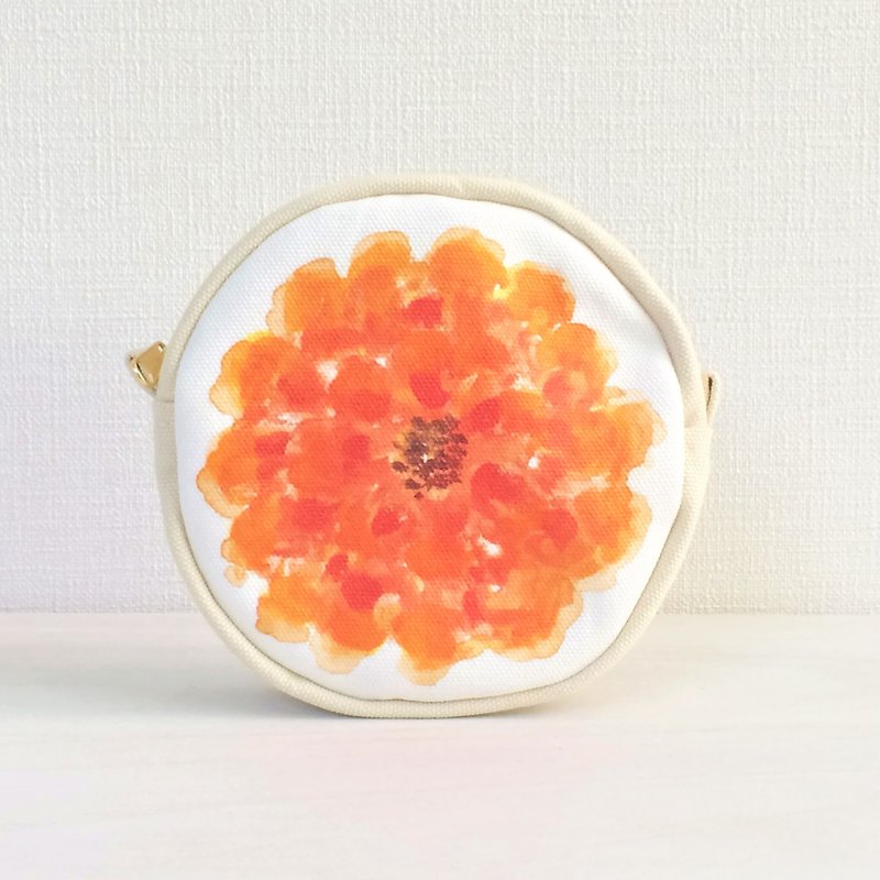 Bloom Flower Circle Pouch Floral Pattern Orange - กระเป๋าเครื่องสำอาง - ผ้าฝ้าย/ผ้าลินิน สีส้ม