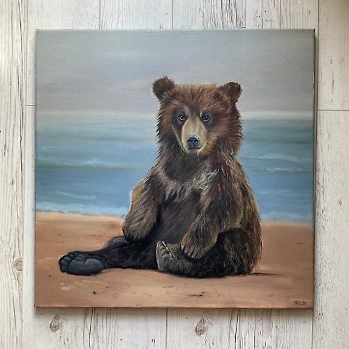 Yackunaite_Art Bear Painting, Original Oil Painting On Canvas, Baby Bear Art, Large Painting