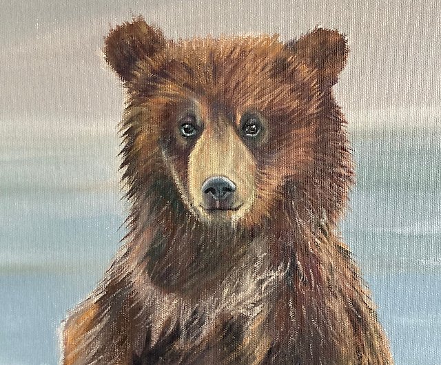 クマの絵、キャンバス上のオリジナル油絵、赤ちゃんクマのアート 