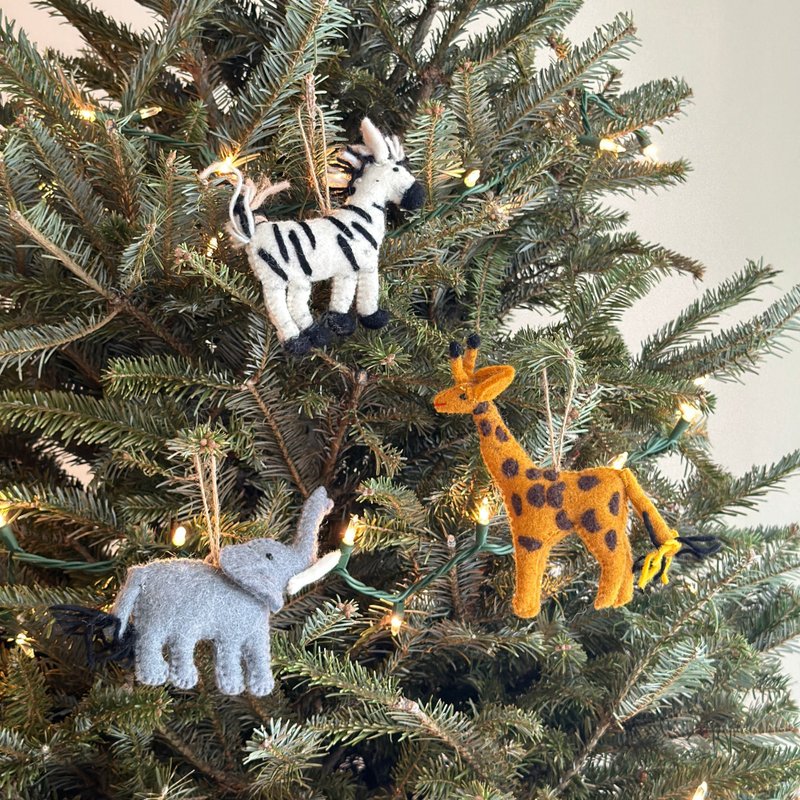 Christmas tree ornaments 3 sets Zebra Elephant Giraffe African Animal Christmas Tree Ornaments - ของวางตกแต่ง - ขนแกะ 