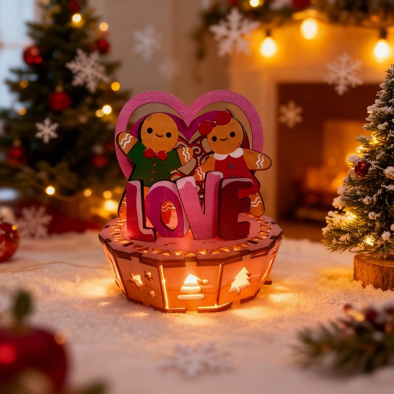 TeamGreen 3D木拼圖 | 迷你氣氛燈(薑餅情侶) | 節日裝飾 - 拼圖 - 木頭 粉紅色