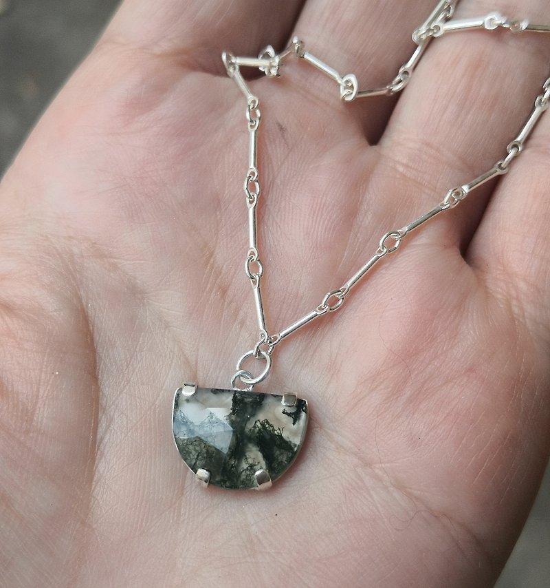 Moss Agate Half Circle 925 Sterling Silver Pendant - Necklaces - Sterling Silver Green