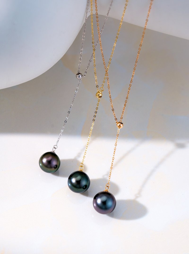 Tahitian black pearl Y-shaped adjustable 18K gold necklace - สร้อยคอ - ไข่มุก 