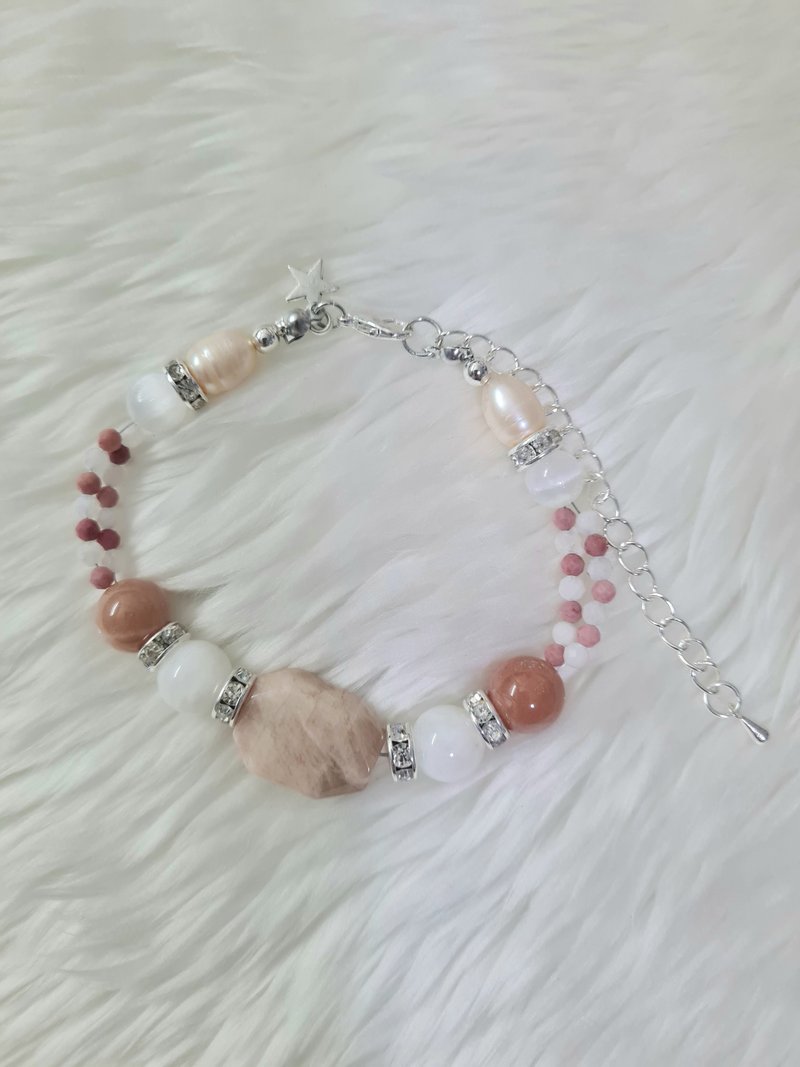 Sun&Moon Bracelet , Sunstone, Moonstone, Rhodonite & Natural Pearl (enhance love, enhance work) - Bracelets - Stone Multicolor