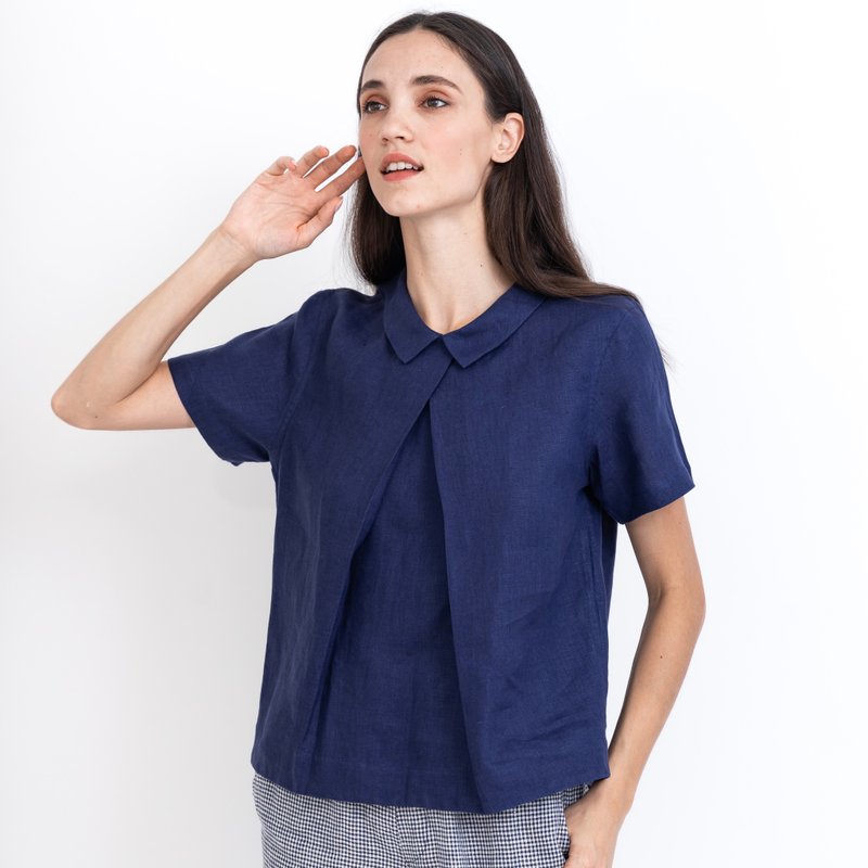 Michelle Blouse : Lotus Collar Short Sleeve Linen Breathable Blouse - 女上衣/長袖上衣 - 棉．麻 藍色