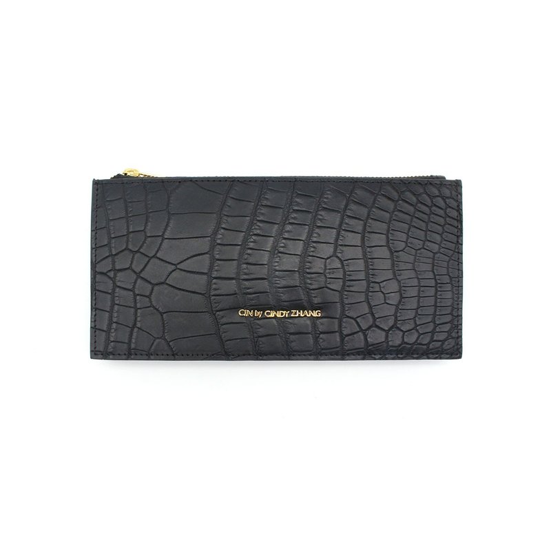 Black crocodile leather long zipper clip - กระเป๋าสตางค์ - หนังแท้ สีดำ