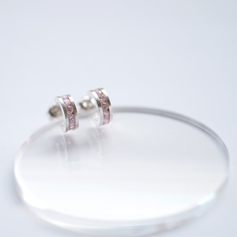 Mini Pink Stone Hoop Earrings Silver 925 - ต่างหู - โลหะ สึชมพู