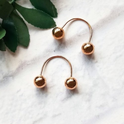 DoriAN純銀設計 Eli Jewelry義大利18K金 個性風U型雙小圓球18K玫瑰金C型耳環耳針