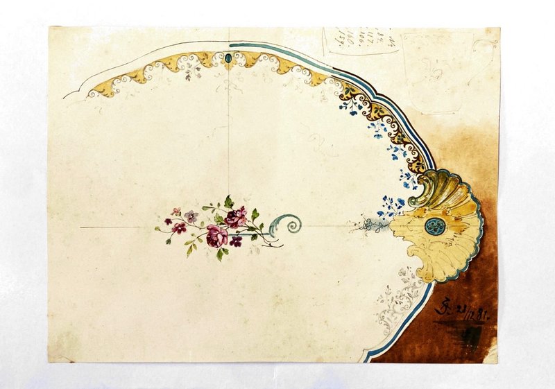 19th century德國瓷器設計手稿 - 1881 Vintage Draft - 古董 - 海報/掛畫/掛布 - 紙 咖啡色