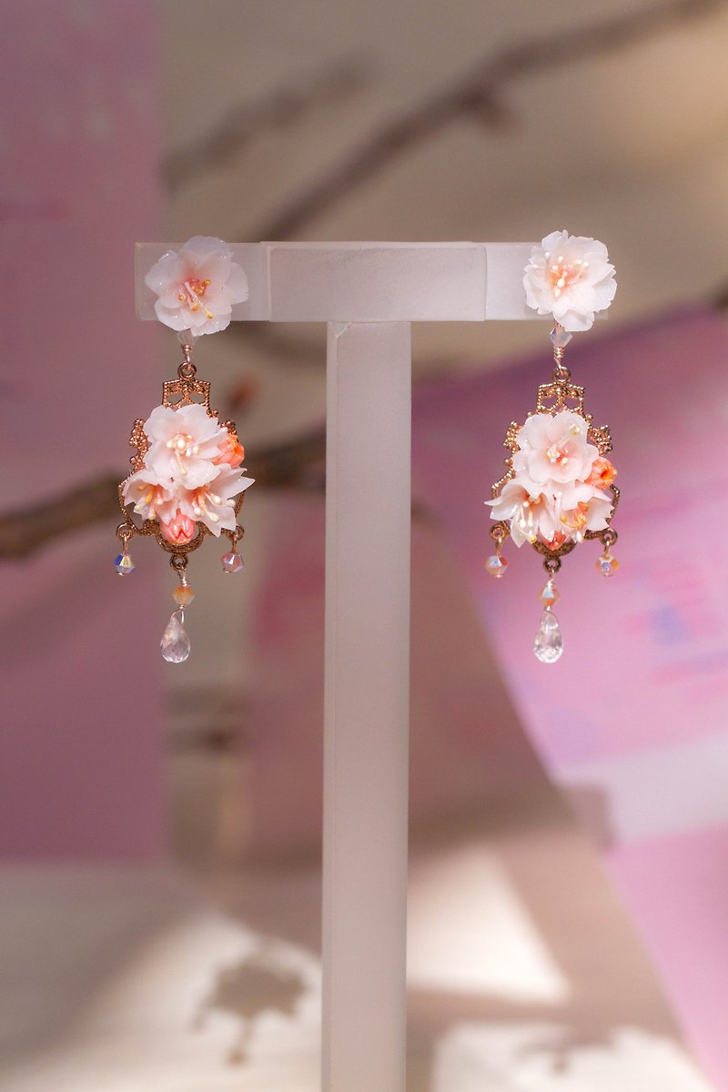 Blossoming Sakura BLOSSOM：Full Blossom See Sakura Chandelier Earrings-PamycarieHandmadeJewelry - ピアス・イヤリング - 粘土 ピンク