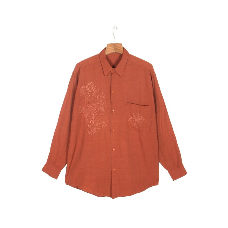 [Egg Plant Vintage]Small persimmon embroidery loose vintage blouse shirt - Women's Shirts - Polyester Orange