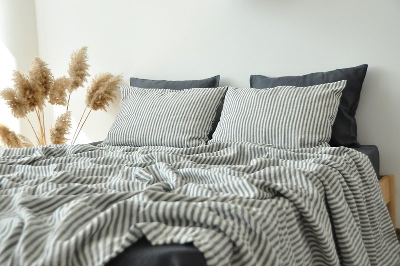 亞麻 寢具/床單/被套 多色 - Striped linen sheet set / Flat+fitted sheet+2 pillowcases / Striped bedding