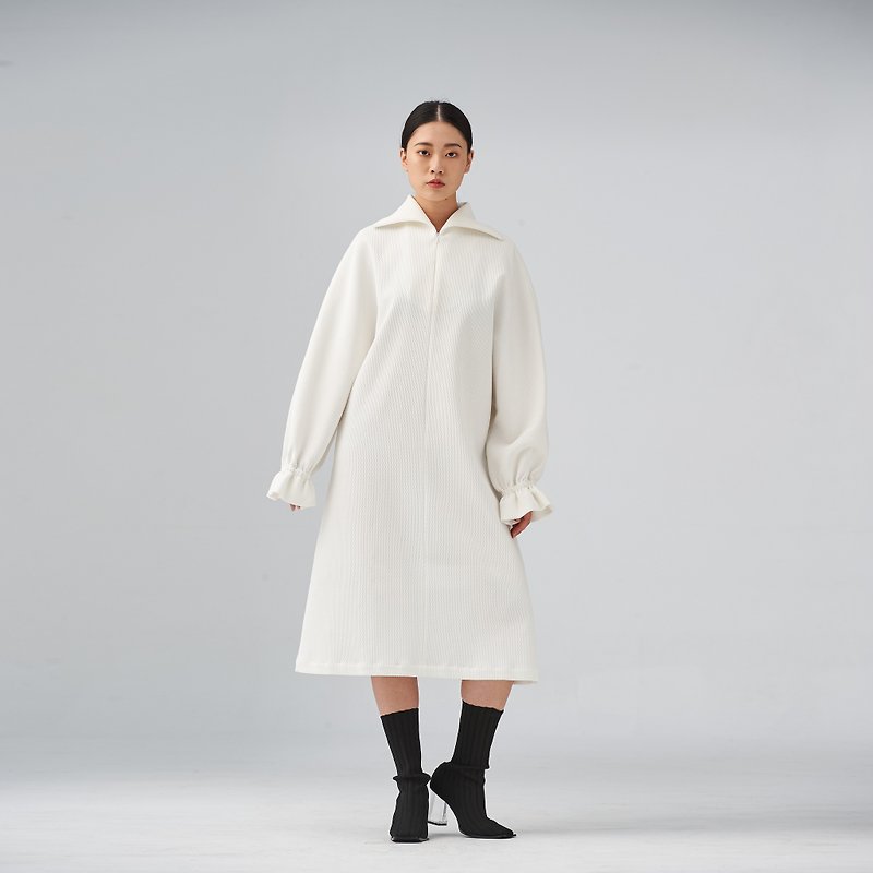 白色造型袖口長洋裝 - 連身裙 - 羊毛 白色