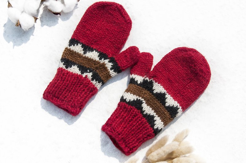 Hand Knitted Pure Wool Knitted Gloves/Crocheted Gloves/Inner Brush Gloves/Warm Gloves-Cherry Chocolate - ถุงมือ - ขนแกะ หลากหลายสี