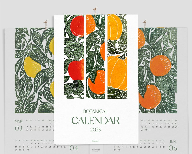 Bright Botanical Printable Wall Calendar 2025 Floral Fruits Vegetables Linocut - 其他數位設計 - 其他材質 