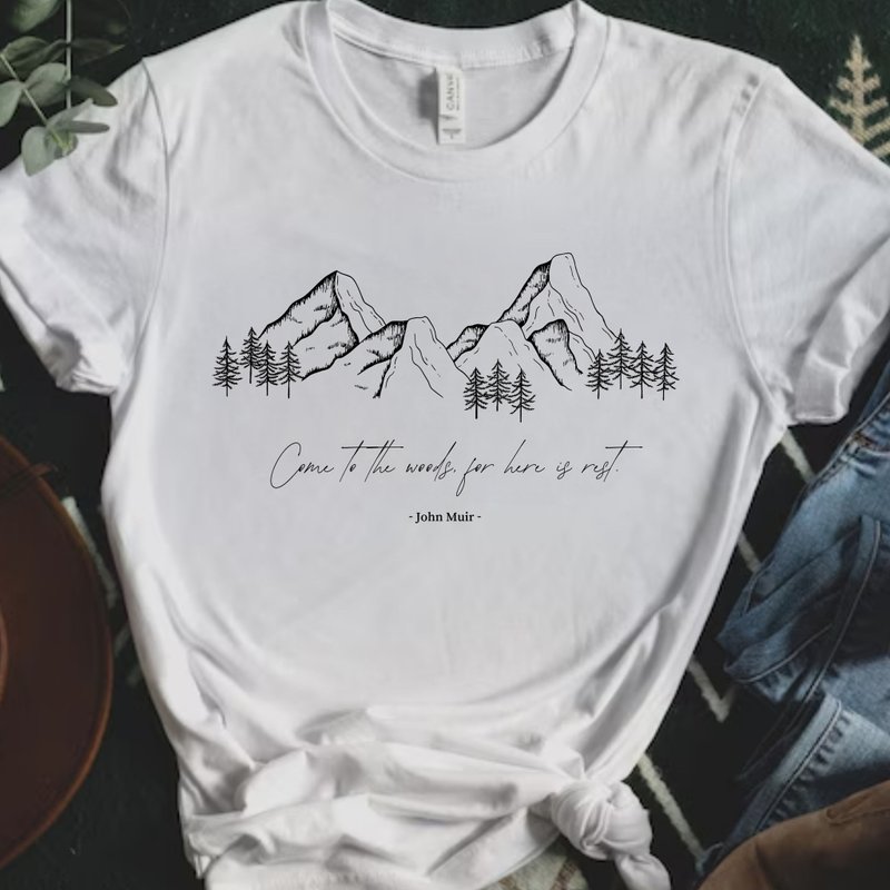 Come to the woods 山在呼喚 中性短袖上衣 健行登山戶外愛好 - 女 T 恤 - 棉．麻 白色