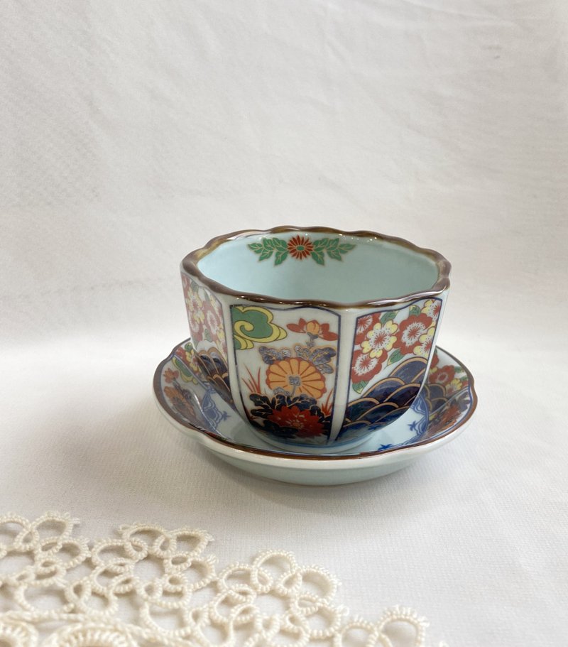 [Good Day Fetish] Japanese vintage early Asada kiln blue and white painted octagonal cup and plate set collection - แก้ว - ดินเผา หลากหลายสี