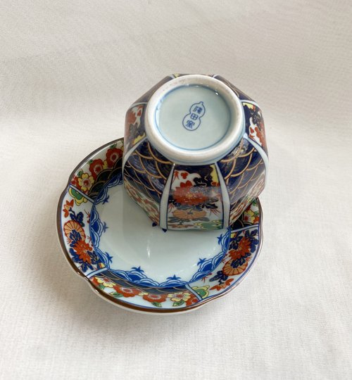 好日戀物】日本vintage早期淺田窯青花彩繪八角杯盤組收藏品好日