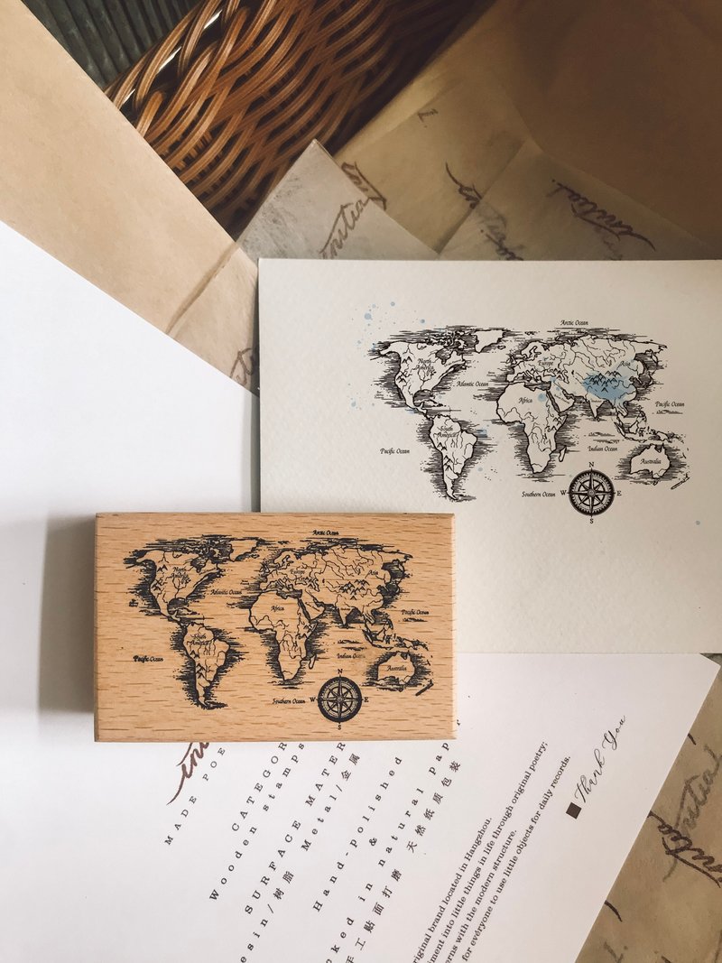 [World travel map] in1 original hand account stamp retro wooden travel punch stamp - Stamps & Stamp Pads - Wood 