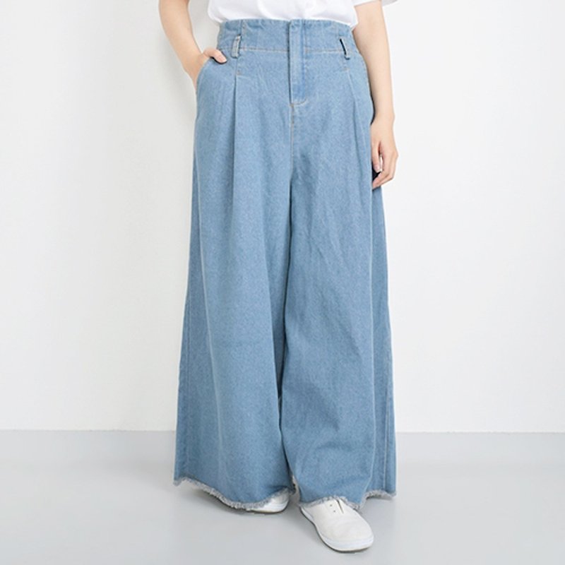 カットオフデザイン デニムワイドパンツ - 女長褲 - 棉．麻 藍色