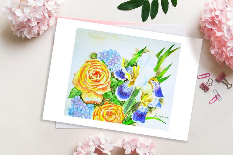 Poster with Irises and Yellow Roses, Watercolor Flowers for Gift - โปสเตอร์ - กระดาษ หลากหลายสี