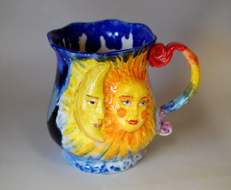 Sun and moon Handmade ceramic mug Sculpture mug Galaxy big mug Blue and yellow - Mugs - Pottery Multicolor