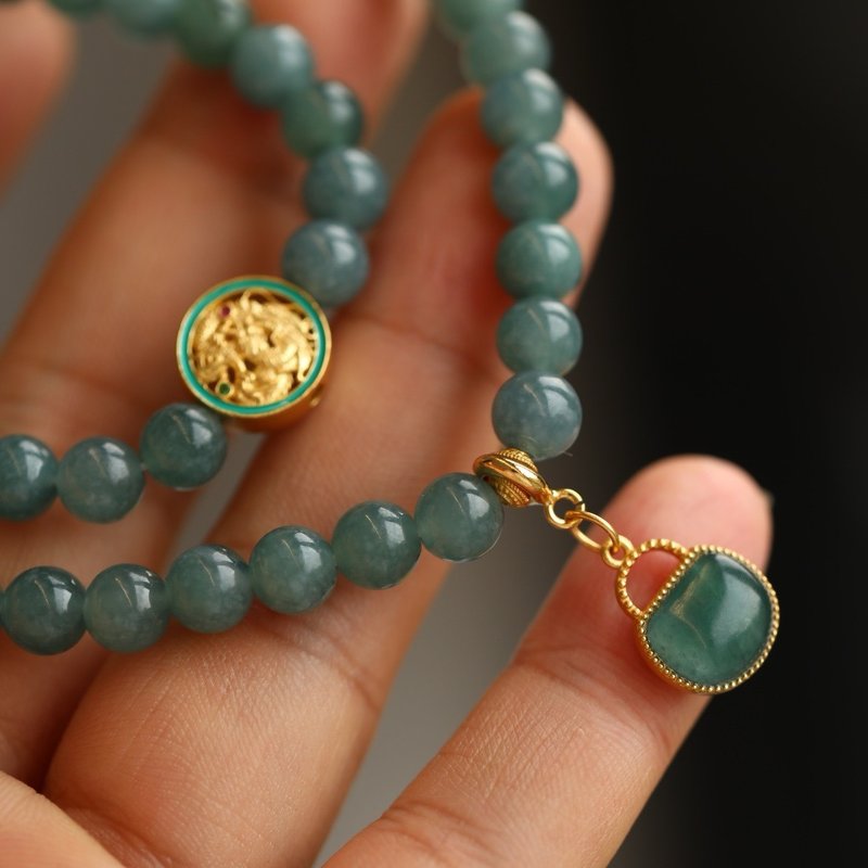 6mm瓜地馬拉原礦A貨糯種藍水翡翠 琺瑯彩古龍圓牌 設計多圈手 - 手鍊/手環 - 寶石 綠色