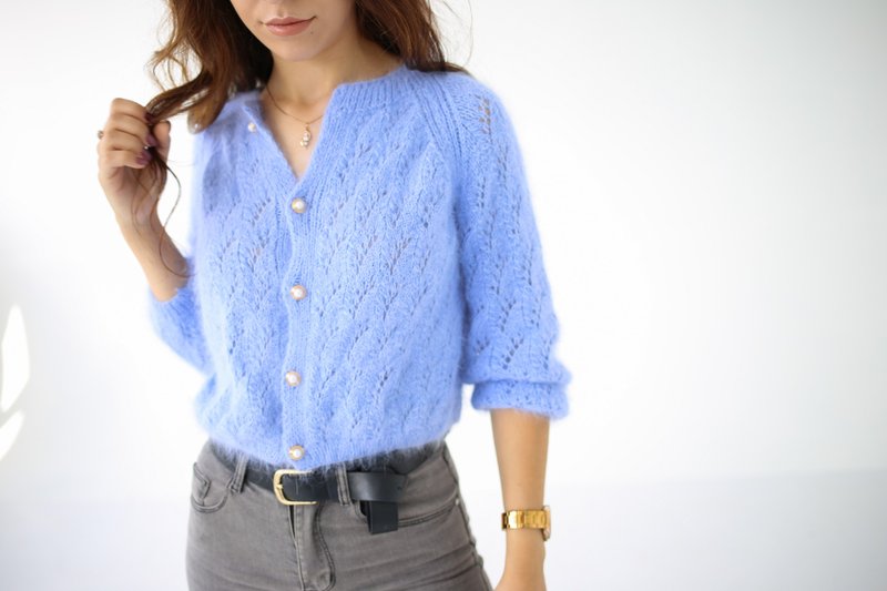 Knit pattern Crop cardigan knit instruction Lace Angora cardigan knitting manual - 編織/刺繡/羊毛氈/縫紉 - 羊毛 藍色
