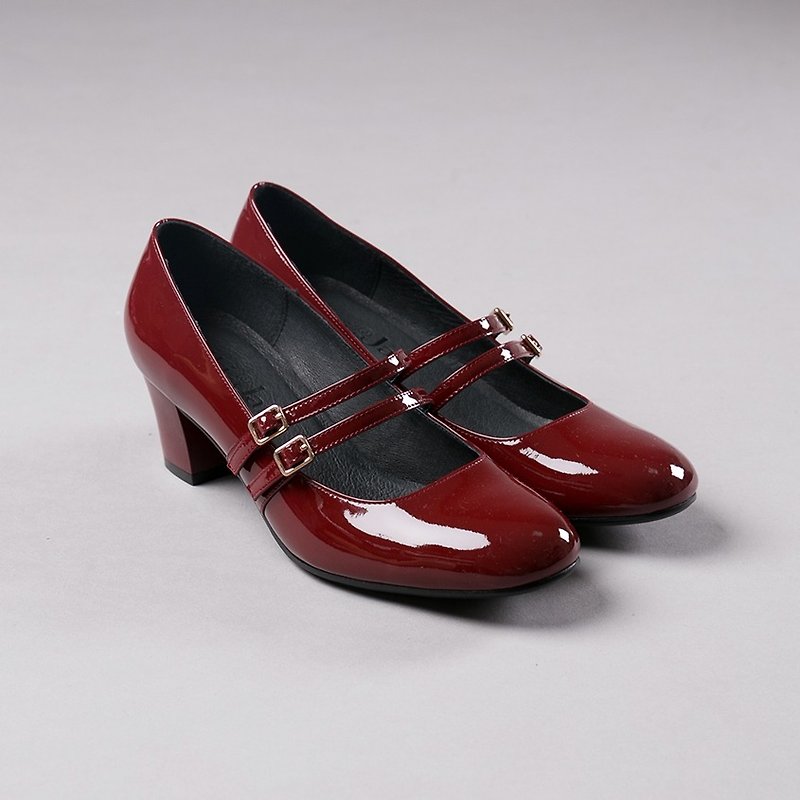 [Miss Dream] Double Belt Full Leather Marie Jane Shoes - Alcoholic Red (No. 25) - รองเท้าอ็อกฟอร์ดผู้หญิง - หนังแท้ สีแดง