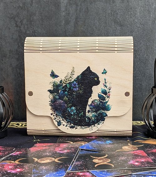 WoodskaStudio Mystic Black cat tarot box tarot card storage with magic watercolor art