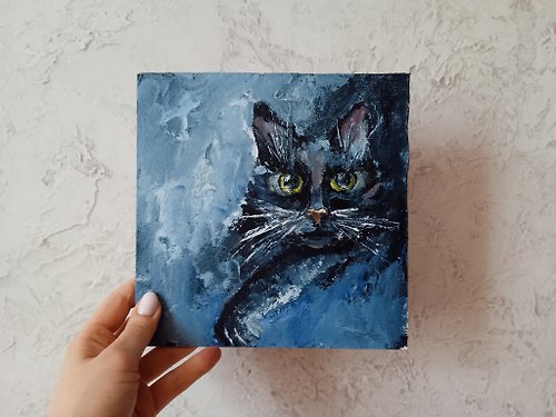 AboutART Black cat painting Original art Oil painting Pet portrait painting 20*20cm