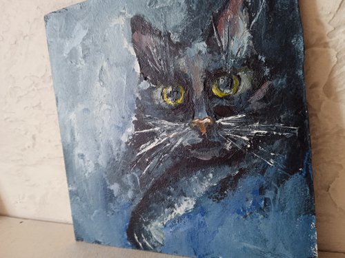 黒猫の絵画 オリジナルアート 油絵 ペットの肖像画 20*20cm - ショップ