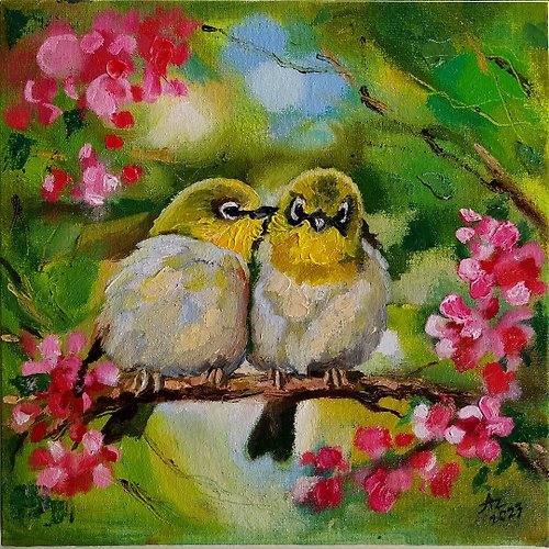 AZA-Art White-eyed birds Painting Couple Bird Original Art Two birds on a flowering
