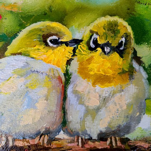 メジロ 絵画 カップル鳥オリジナル アート 開花中の 2 羽の鳥