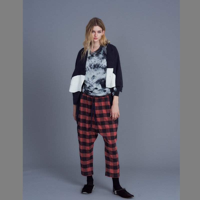 2202E17拼布式格子褲 - 女長褲 - 棉．麻 