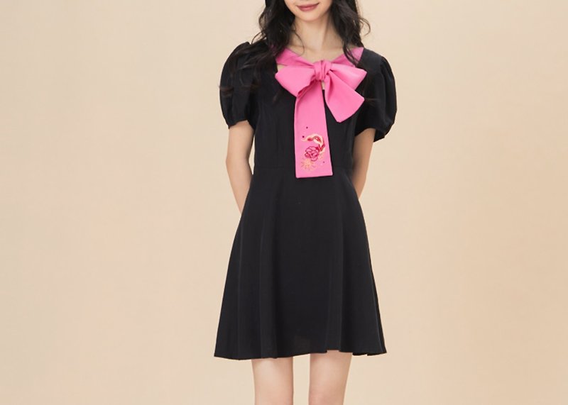 Retro Bubble Short Sleeve Embroidered Bow Black Dress - One Piece Dresses - Other Materials Black