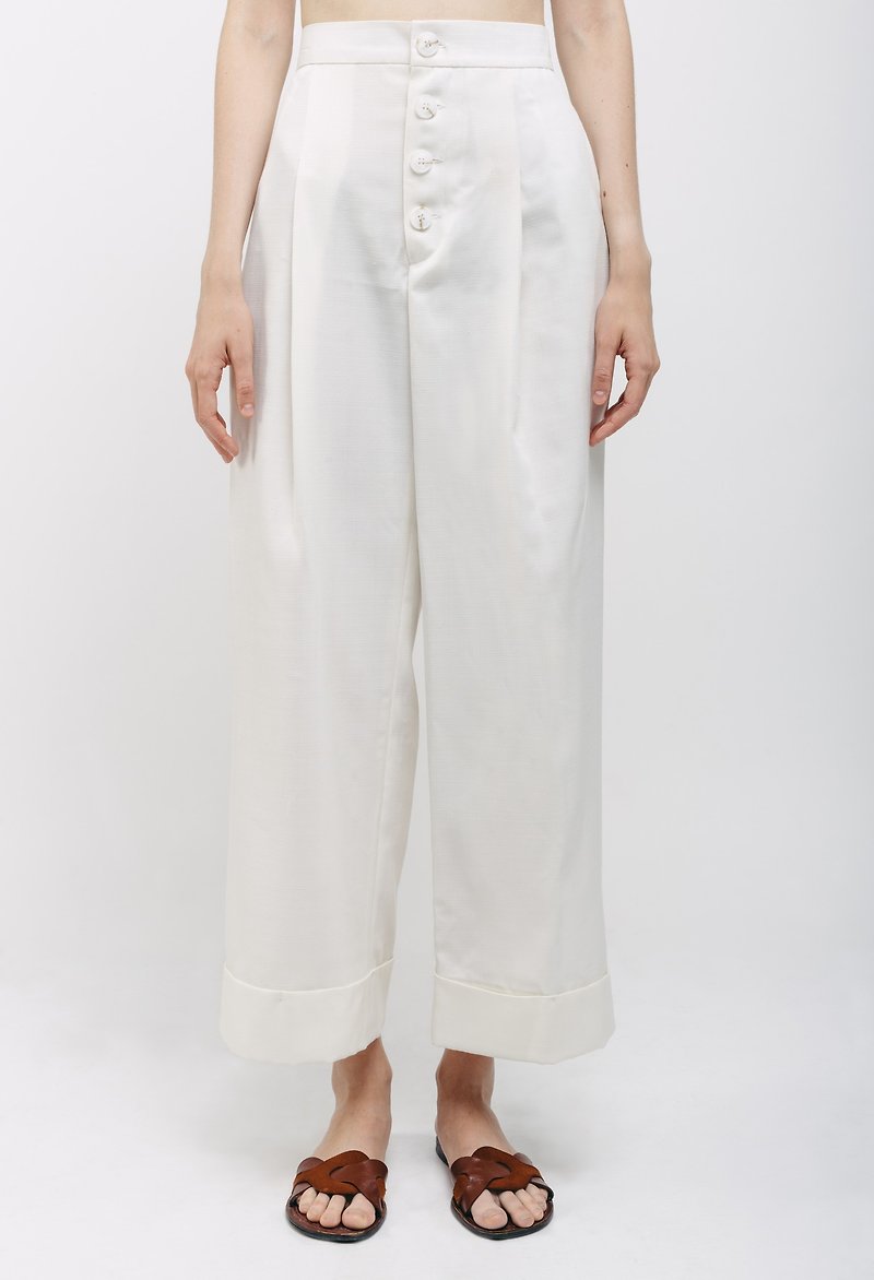 Pleated Pants with Front Buttons Ivory - Women's Blazers & Trench Coats - Polyester White