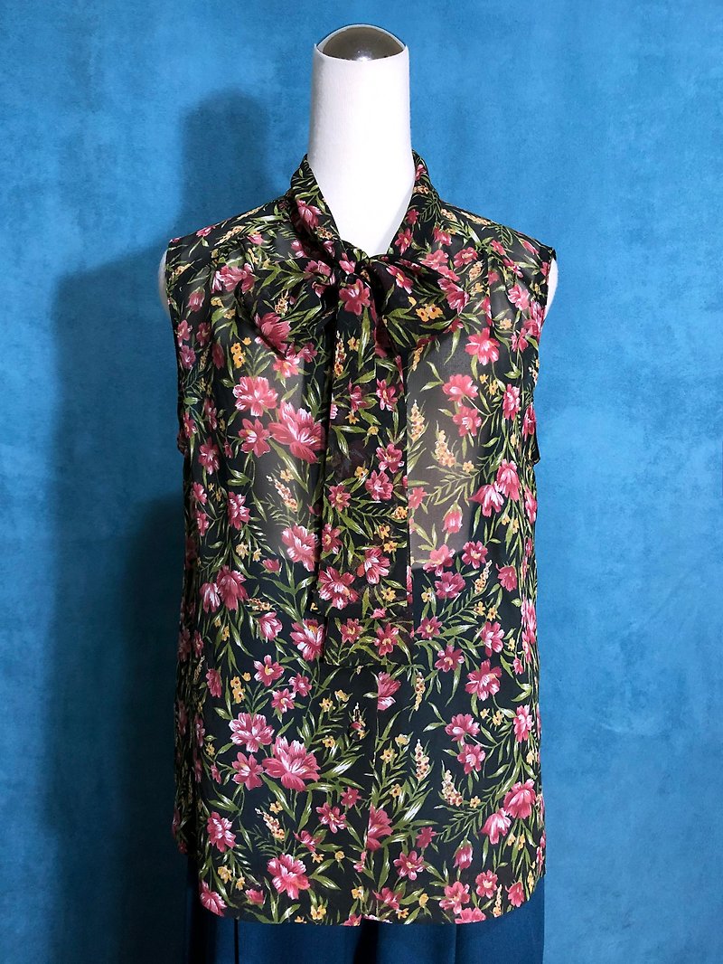 Elegant Flower Bow Tie Sleeveless Vintage Shirt / VINTAGE - Women's Shirts - Polyester Multicolor