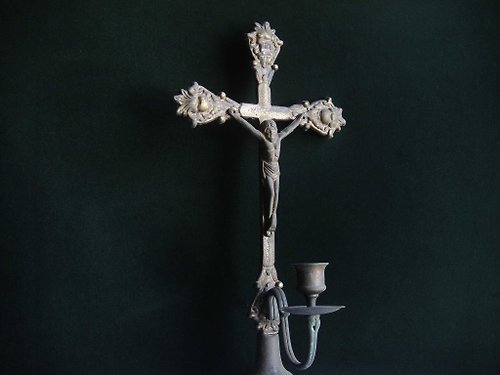 老時光OLD-TIME Vintage & Classic & Deco 【老時光 OLD-TIME】早期歐洲銅製耶穌十字架擺飾掛飾燭台