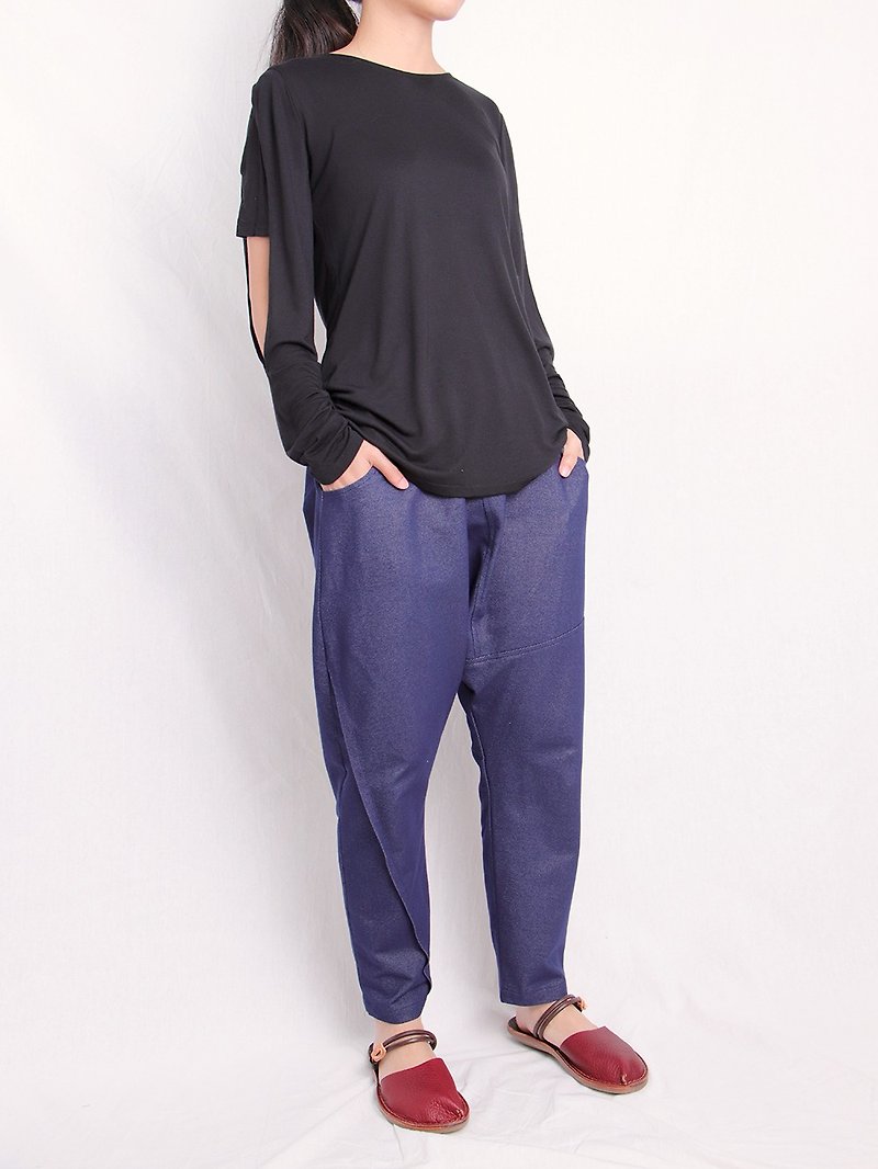 Paired Blue / Splicing Skinny Pants / D2002 - กางเกง - ผ้าฝ้าย/ผ้าลินิน สีน้ำเงิน