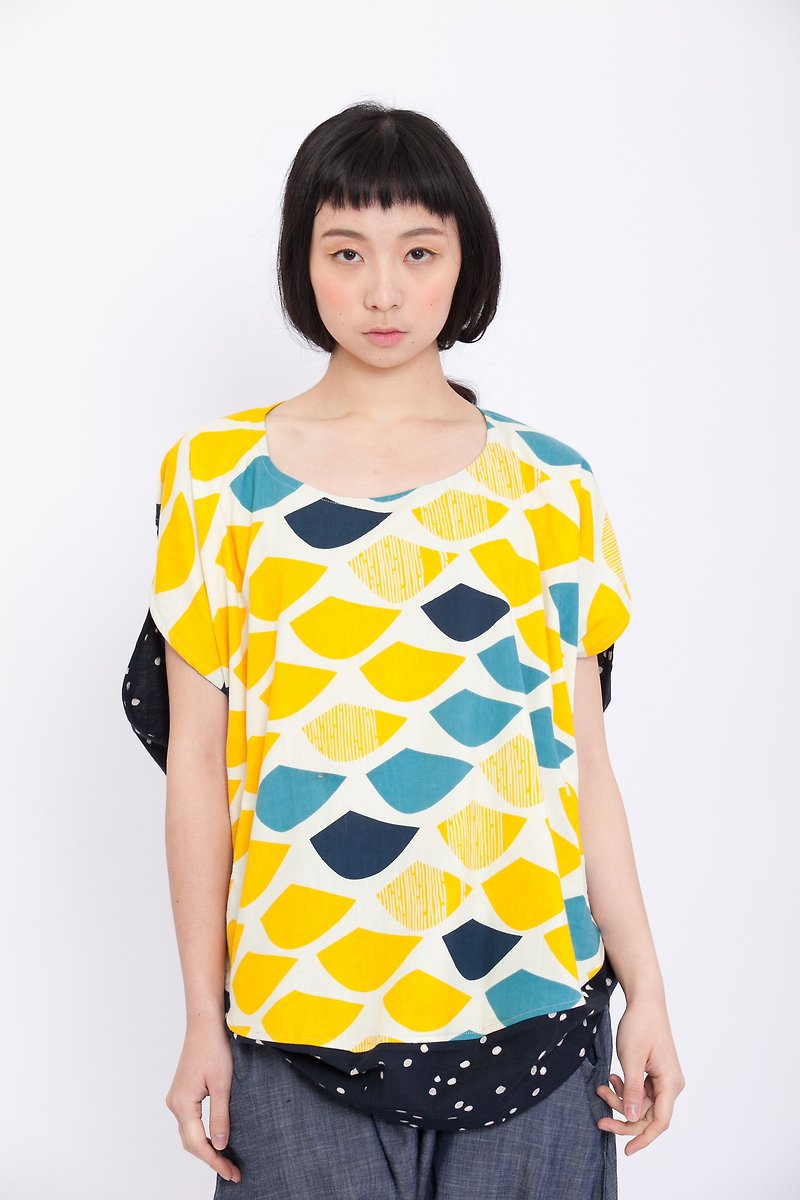 Carp fillet round geometric jacket _ Yu Huang carp fish pattern _ fair trade - Women's Tops - Cotton & Hemp Yellow