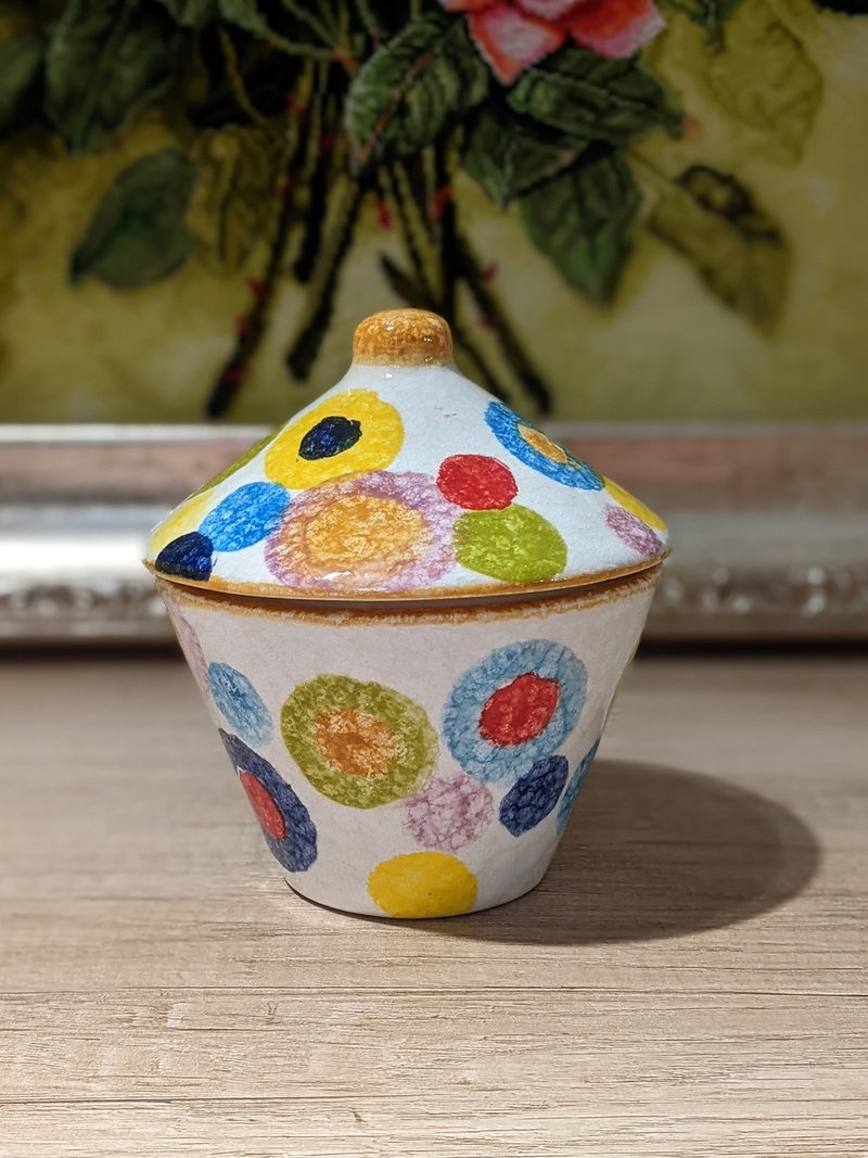 義大利手工陶-POP 普普藝術 有蓋碗 12cm (橘邊圈圈) - 碗 - 陶 多色