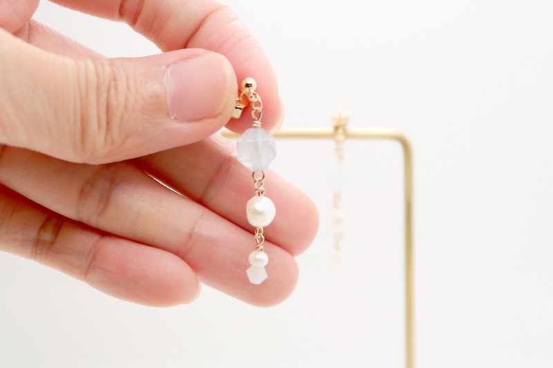 Crystal Earrings & Clip-ons White - OUD Original/Faceted Aquamarine/Baroque Pearls Dangling Earrings/14K GF/Clip-on