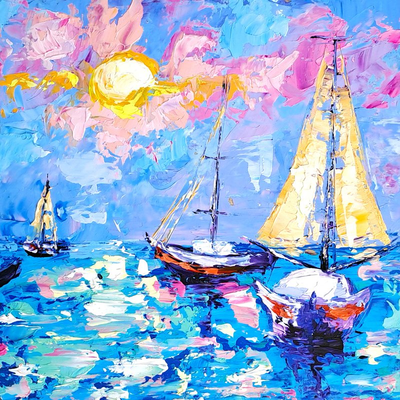 Sailboat Painting Seascape Original Art Boat Impasto Oil Painting Santa Barbara - Posters - Other Materials Multicolor