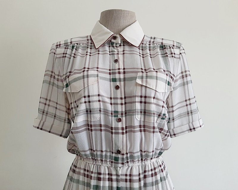 Vintage Cream Brown Green Plaid Dress - ชุดเดรส - เส้นใยสังเคราะห์ สีนำ้ตาล