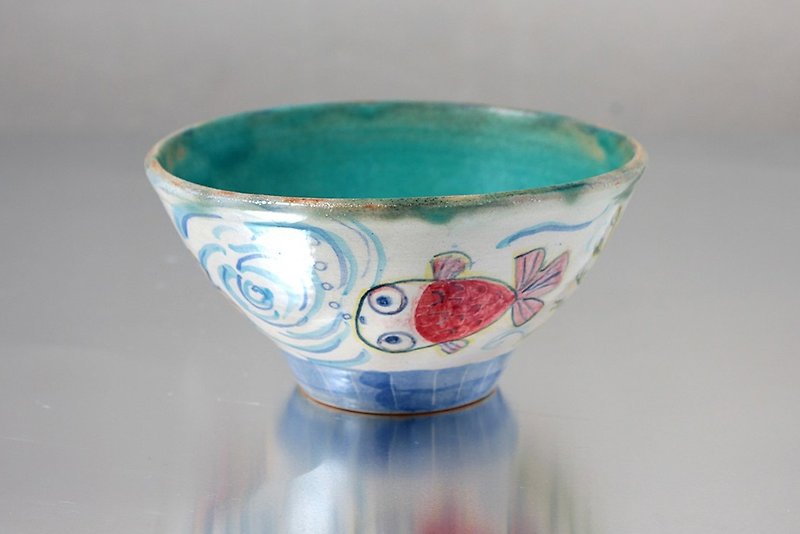 金魚絵（ターコイズ）の椀 - 花瓶・植木鉢 - 陶器 多色