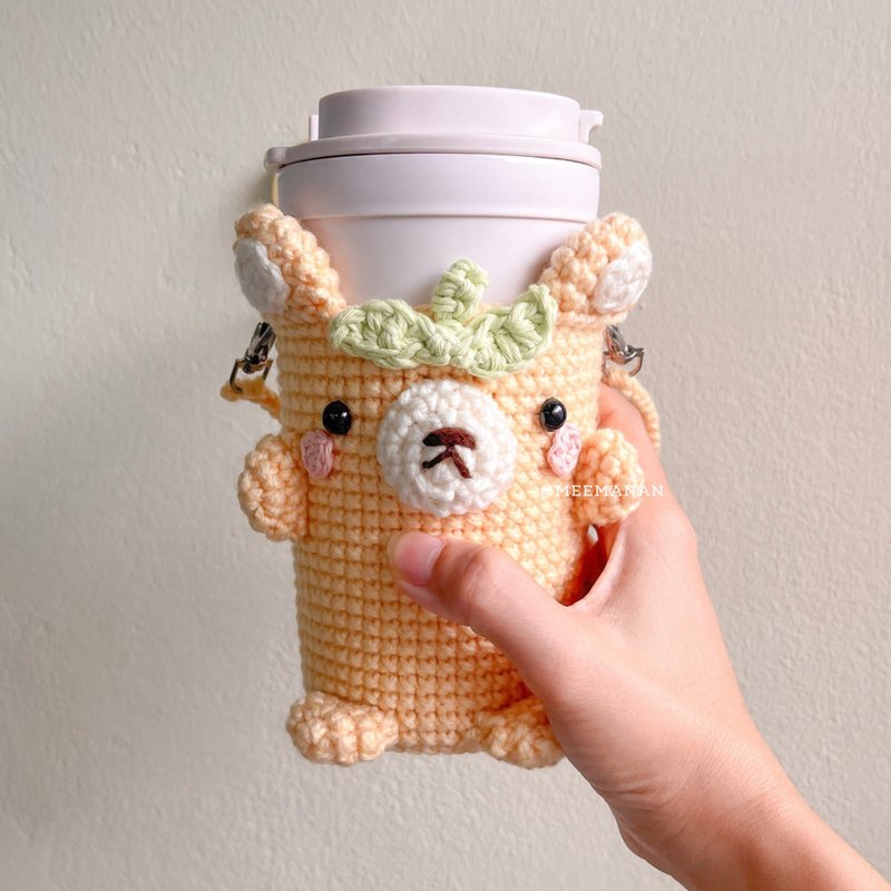 Yellow Bear Coffee Sleeve 16 oz | Cute Crochet Cozy for Iced Drinks - 飲料提袋/杯套/杯袋 - 棉．麻 黃色