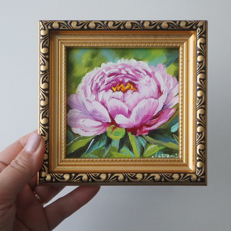 Peony Original Oil Painting Framed,  Miniature Artwork - ตกแต่งผนัง - วัสดุอื่นๆ หลากหลายสี