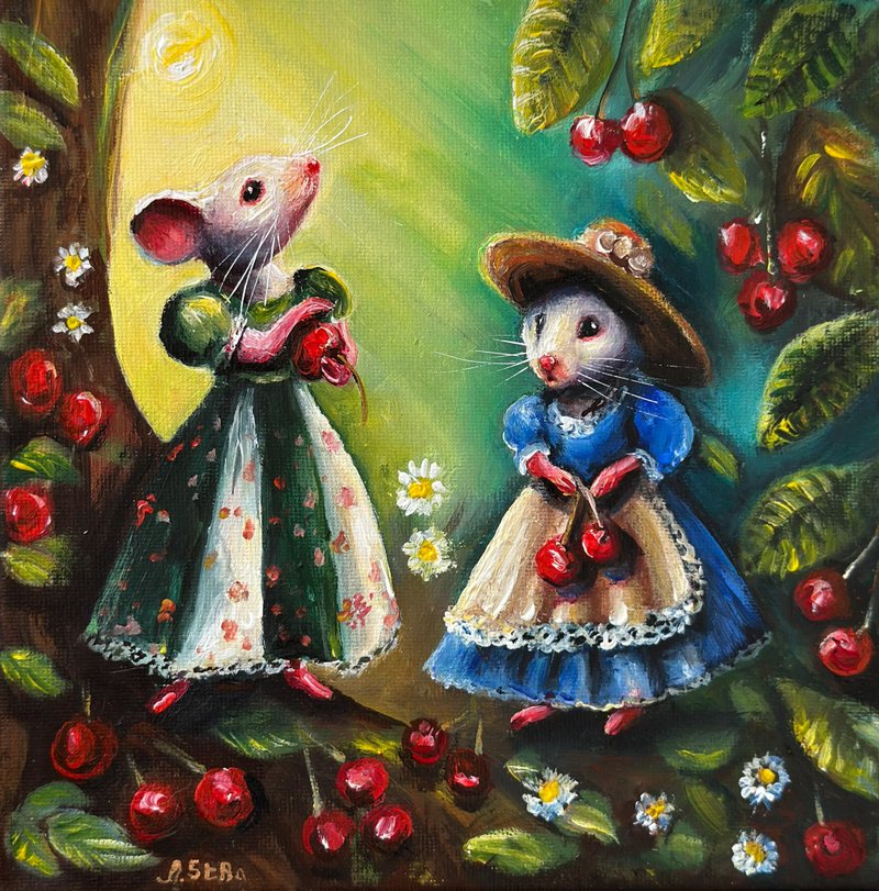 Mice canvas painting, Fairy art, Mouse wall art, Animal painting, Cute animals - 壁貼/牆壁裝飾 - 棉．麻 多色