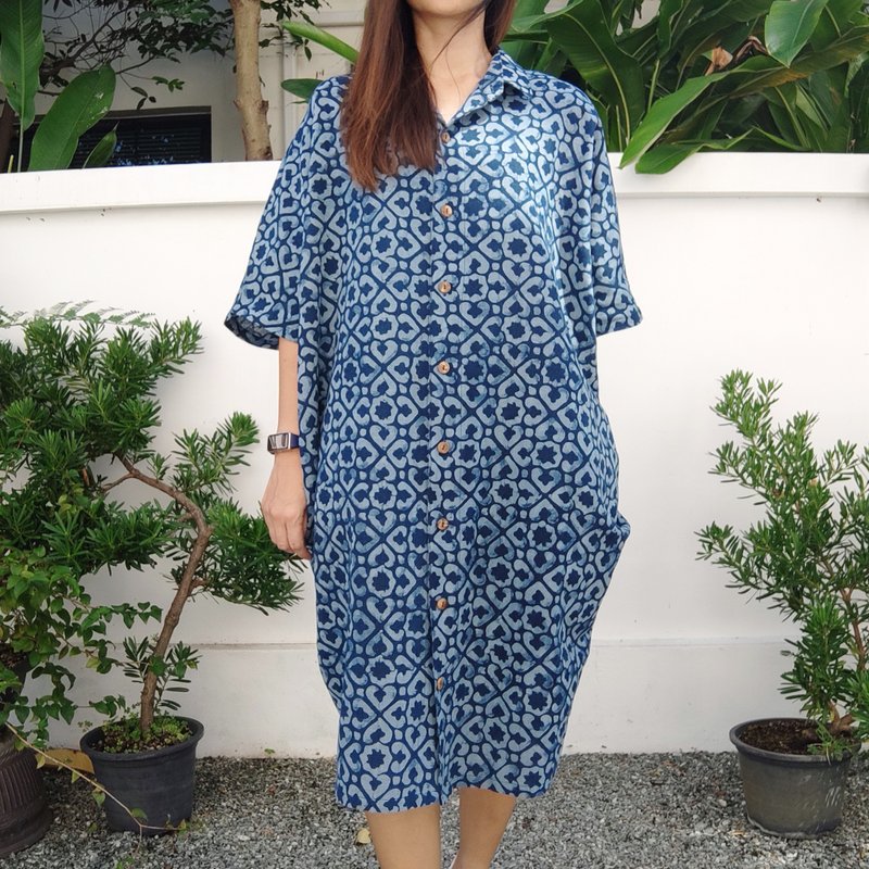 Batik Shirt Collar Oversize Dress 4 petals - One Piece Dresses - Cotton & Hemp Blue